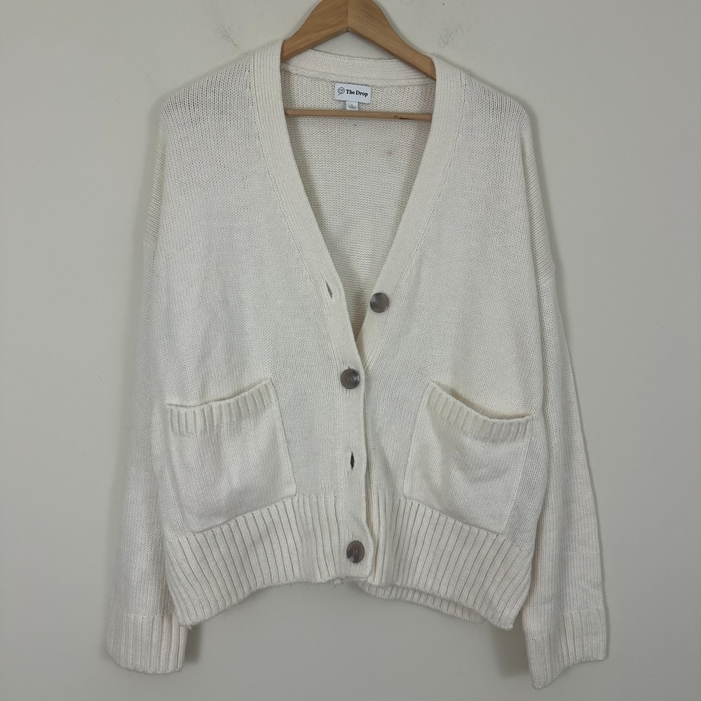 The Drop Cardigan Sweater White Soft Cable Knit Button Front V-Neck Womens Large